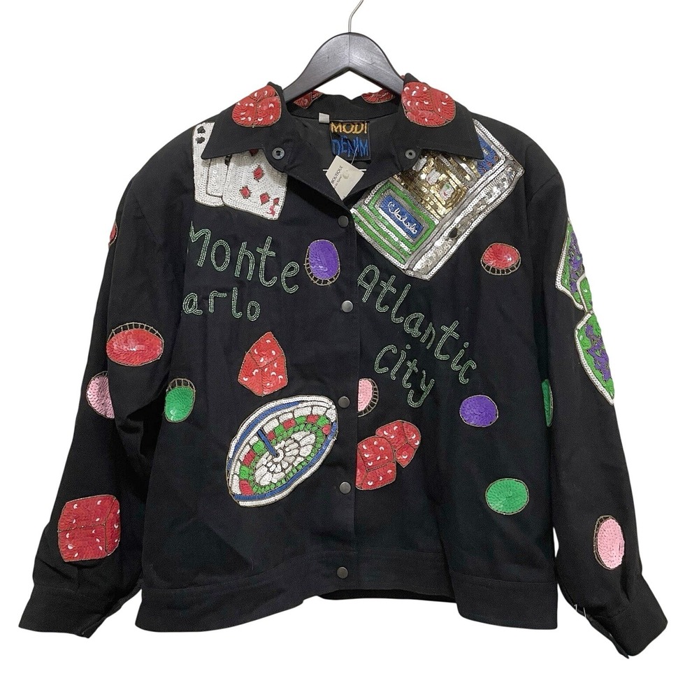 NEW Modi Denim Bomber Jacket Sequin Beaded McBling 90s Y2K Casino Club Party M L